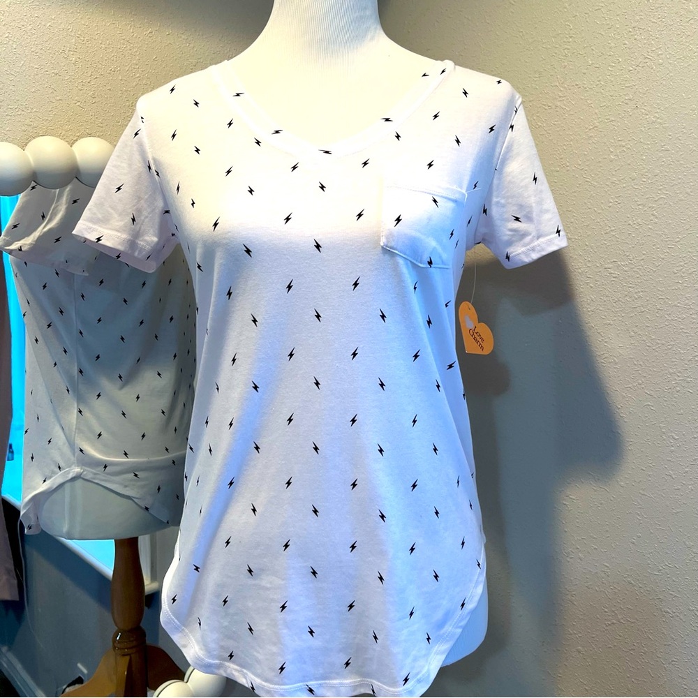 LOVE CHARM v neck Tshirt white with lightening bolts size medium new with tag.